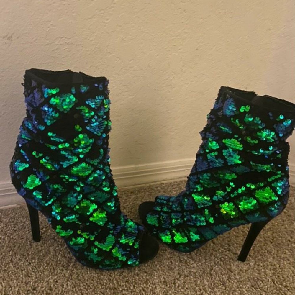 Green,blue ,and black sequins booties